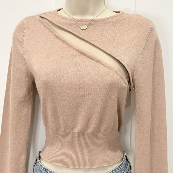H:ours Jacklyn Sweater Cutout Mesh Cropped Neutral Tan Small Revolve Chic Edgy - Picture 4 of 11